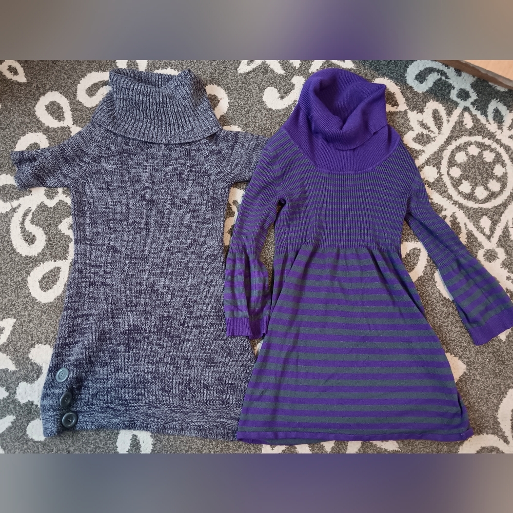 Cozy Knit Kids Dresses in Gray and Purple Stripes